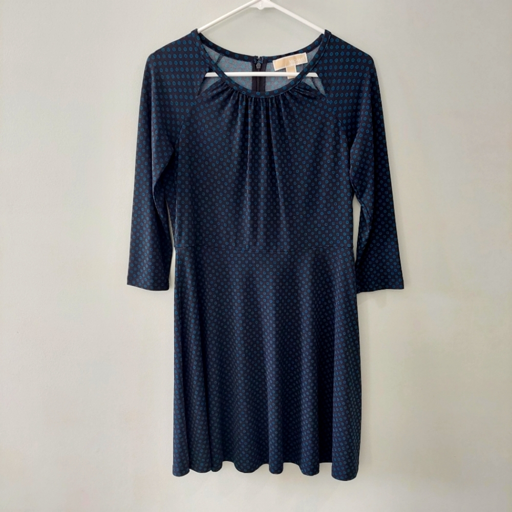 Michael Kors dress Medium Petite black blue floral polkadot cutout neckline